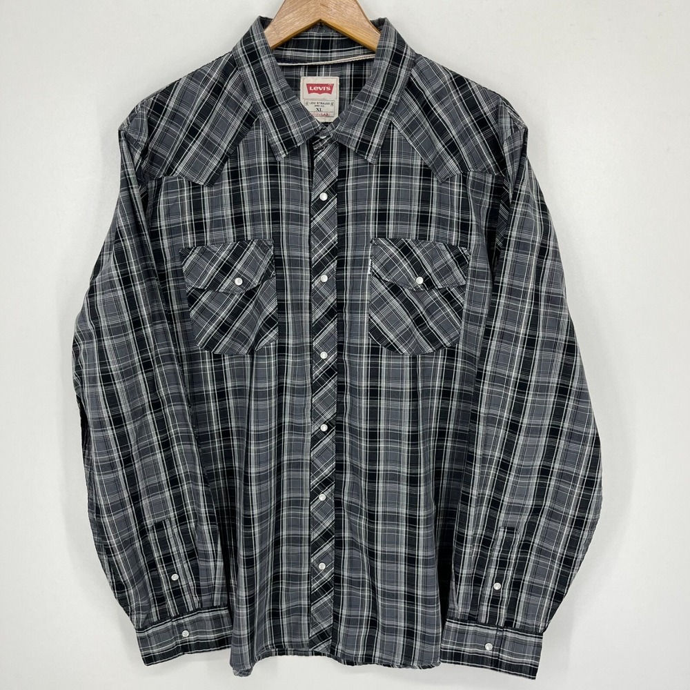 Levis Mens XL Regular Plaid Pearl Snap Western Shirt Black Grey